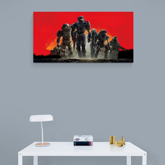 Cuadro decorativo de soldados futuristas Halo en formación con fondo rojo épico