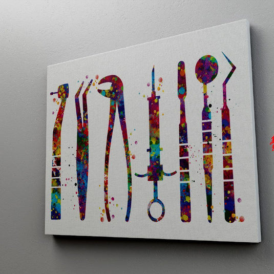 Cuadro colorido de herramientas dentales en estilo acuarela – decoración artística para consultorios odontológicos.