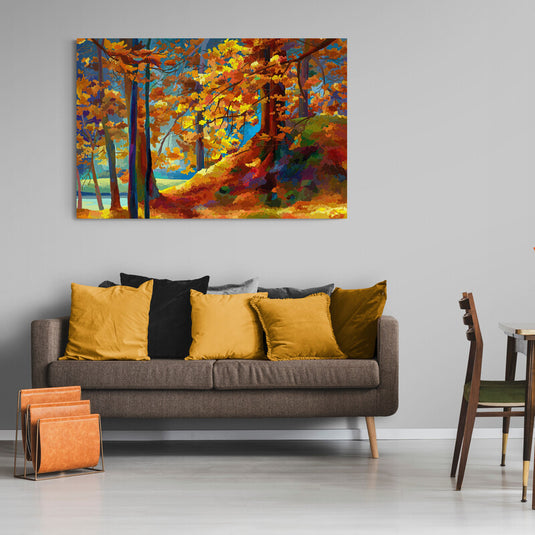Cuadro_decorativo_bosque_oleo_colores_calidos_otoñales_troncos_altos_hojas_amarillas_naranjas_rojas_verdes