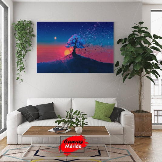 Cuadro Decorativo: Atardecer con Sol Rojo, Árbol de Hojas Azules en Cerrito y Hojas Volando