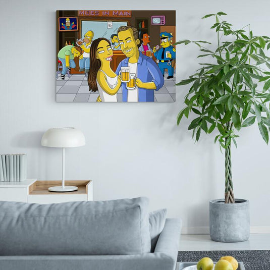 Cuadro estilo Los Simpson personalizado en la Taberna de Moe – pareja con cerveza y personajes animados.