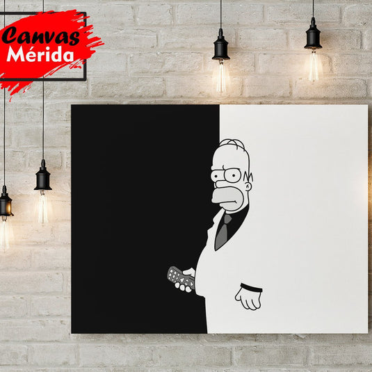 Cuadro minimalista blanco y negro de Homero Simpson con control remoto – arte moderno en contraste dividido.