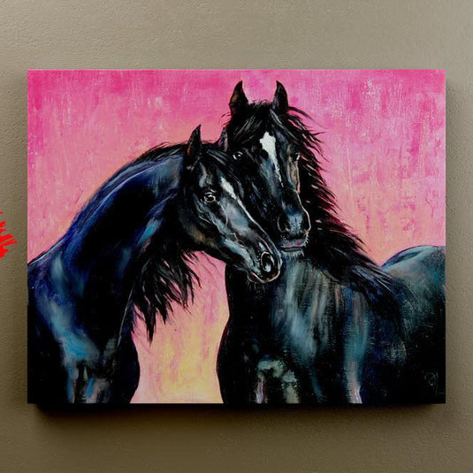Lienzo de caballos negros con fondo rosa