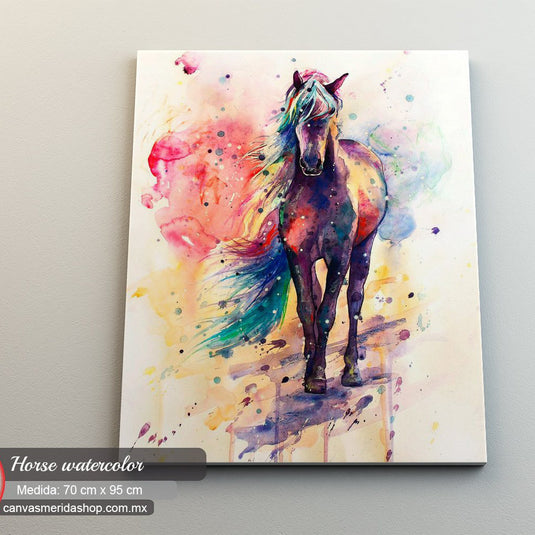 Cuadro acuarela de caballo con colores vibrantes y detalles abstractos