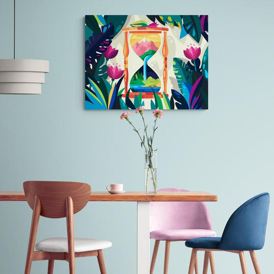 Ilustración colorida de un reloj de arena con paisaje de flores en un entorno tropical