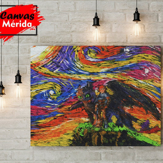 Cuadro de Hipo y Chimuelo estilo Van Gogh con cielo colorido y pinceladas expresivas – arte inspirado en Cómo entrenar a tu dragón.
