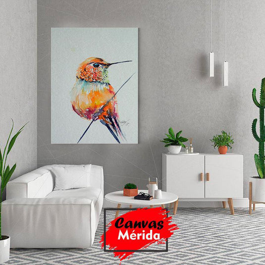 Cuadro decorativo: Colibrí en estilo acuarela, naranja con toques azules y verdes sobre fondo claro