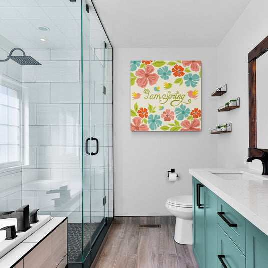 Ilustración de primavera con flores coloridas y pájaros, con texto 'I am Spring'