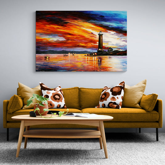 Pintura expresionista de faro al atardecer con cielo y mar reflejados