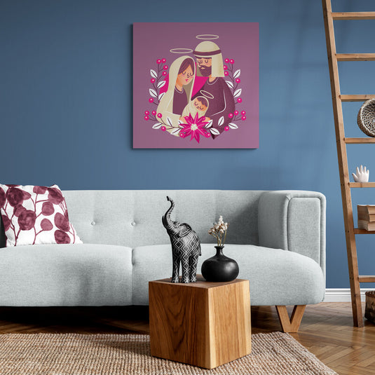 Imagen estilizada de la Sagrada Familia con detalles florales y tonos tierra en fondo malva