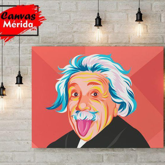 Ilustración pop-art colorida de Albert Einstein sacando la lengua para decoración moderna y creativa.