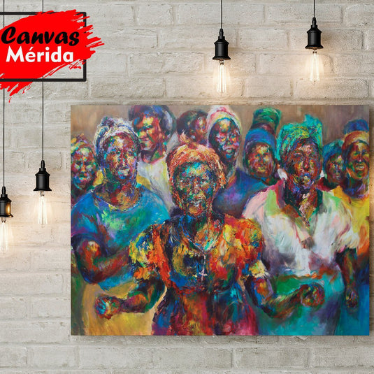Cuadro impresionista de mujeres africanas en grupo con colores vibrantes y pinceladas expresivas para decoración artística y cultural.