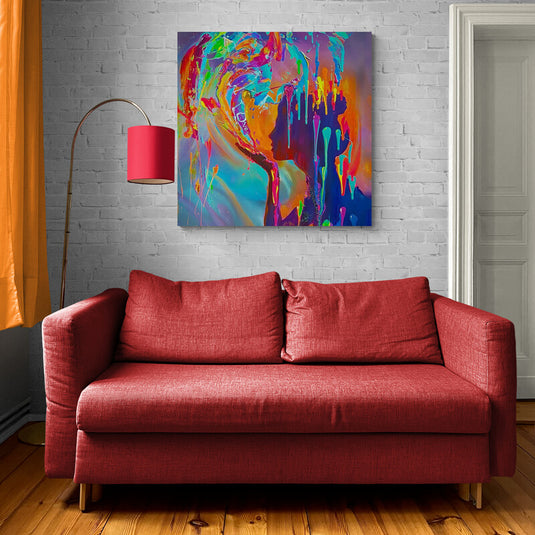 Cuadro moderno con figura humana abstracta en técnica de dripping y colores vibrantes