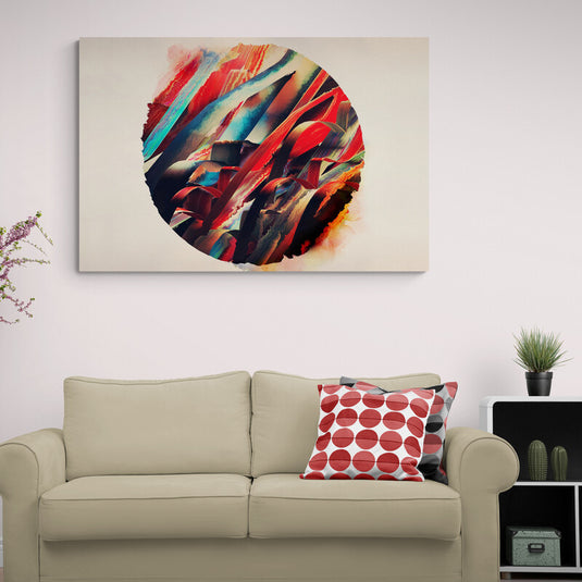 Obra de Arte Abstracto con Pinceladas Dinámicas y Colores Vivos en Formato Circular Evocando Llamas