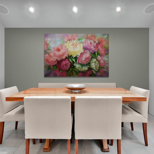 Pintura de peonías en tonos rosados y blancos con fondo difuminado