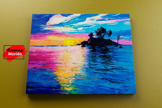 Pintura expresionista de un atardecer isleño con colores vivos