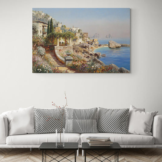 Pintura de un paisaje costero mediterráneo con flores y arquitectura antigua