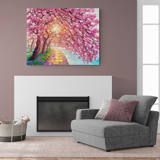 pintura_camino_con_lago_arboles_con_hojas_rosadas_y_cesped_estilo_pintado