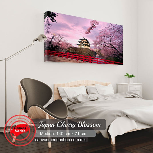 Cuadro decorativo de templo japonés con camino cercado en rojo y árboles de cerezo rosados.