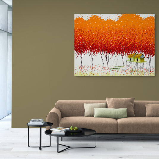 Cuadro_decorativo_escena_campestre_árboles_troncos_delgados_hojas_naranjas_fondo_blanco_casas_verdes_escaleritas_madera