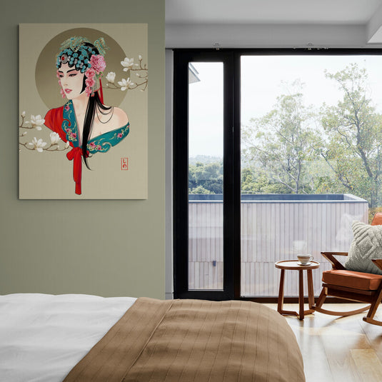 Retrato Estilizado de Mujer en Atuendo Tradicional Japonés con Flores de Cerezo