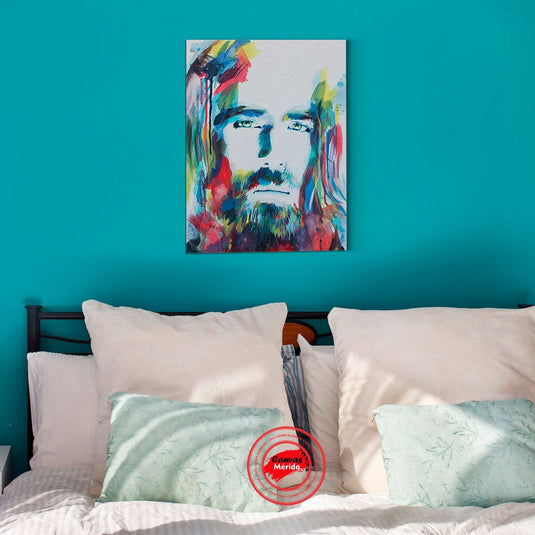 Retrato abstracto de Jesús en acuarelas de colores vibrantes.