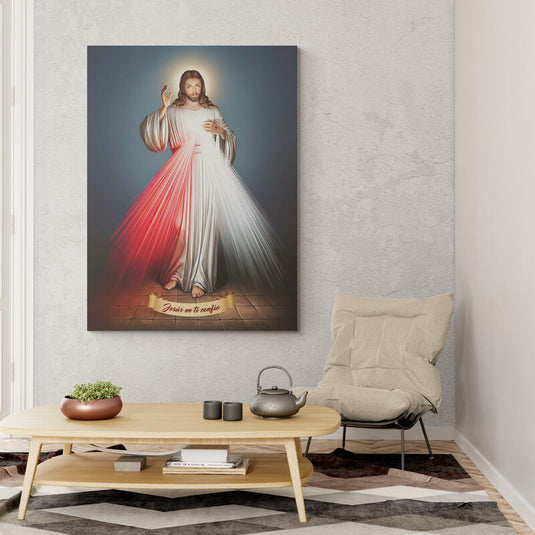 Imagen de Jesús Misericordioso con rayos rojo y blanco.
