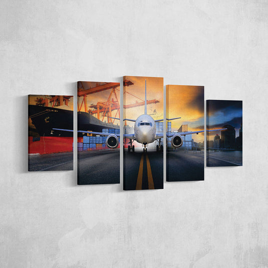 Set_de_Cinco_Cuadros_Multidimensionales_Aviacion_Grande: Un conjunto artístico de cinco cuadros de tres tamaños variados que, al ensamblarse, forman la imagen impresionante de un gran avión, demostrando un uso magistral de la perspectiva y el detalle
