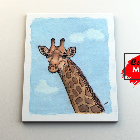 "Jirafa-caricatura-tinta-y-acuarela-fondo-cielo-azul"