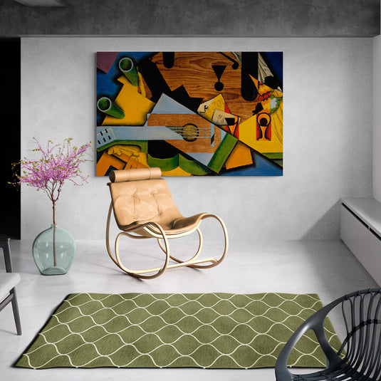 Pintura cubista con elementos geométricos y colores vibrantes