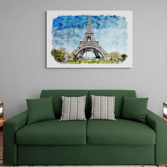 Cuadro Decorativo: Torre Eiffel en Cielo Azul con Árboles y Césped Verde