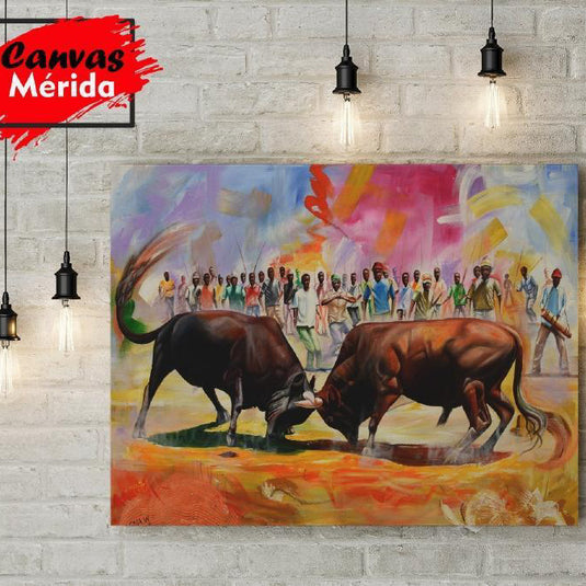 Lienzo de duelo de toros con espectadores