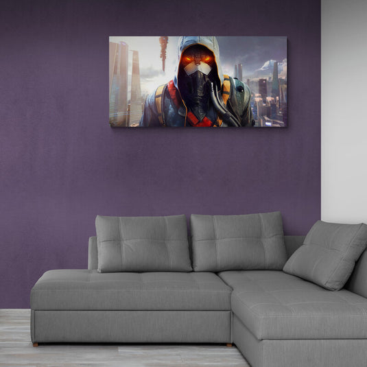 Cuadro decorativo Killzone Shadow Fall con guerrero futurista en ciudad distópica
