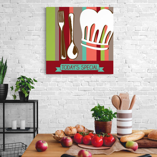 Ilustración de utensilios de cocina con el texto 'TODAY'S SPECIAL' sobre fondo a rayas