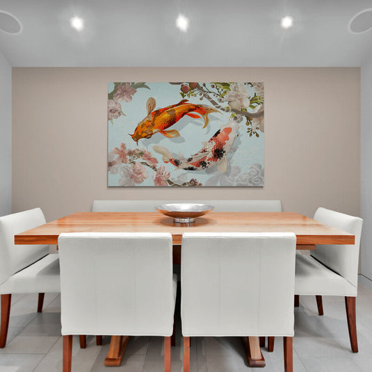 Peces koi entre flores de cerezo en pintura
