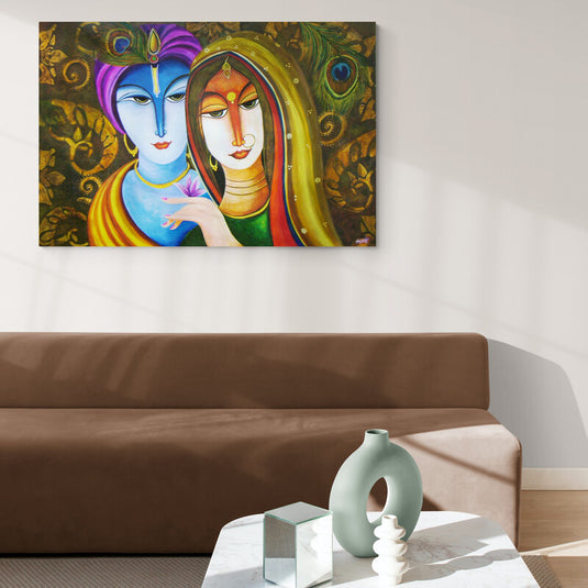 Pintura de Radha y Krishna con tonos vibrantes y detalles ornamentales