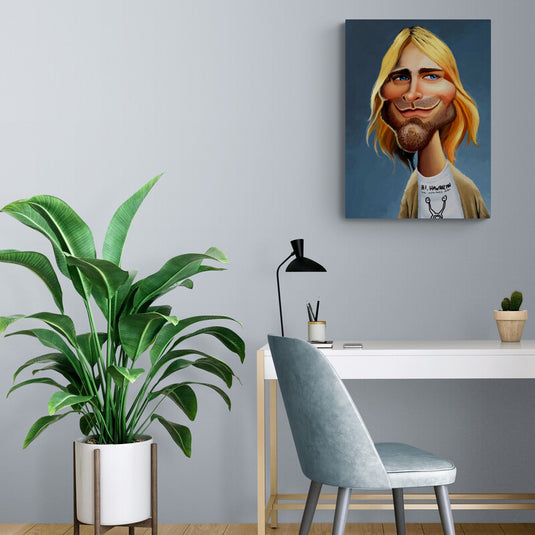 Cuadro decorativo Kurt Cobain estilo caricatura – retrato artístico moderno con fondo azul y detalles icónicos para decoración juvenil y musical