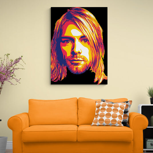 Cuadro decorativo Kurt Cobain Pop Art – retrato moderno en tonos cálidos y fondo negro estilo arte pop para decoración contemporánea o musical
