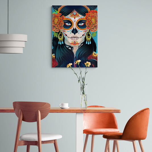 Retrato de mujer con maquillaje de calavera y flores naranjas en el Día de los Muertos