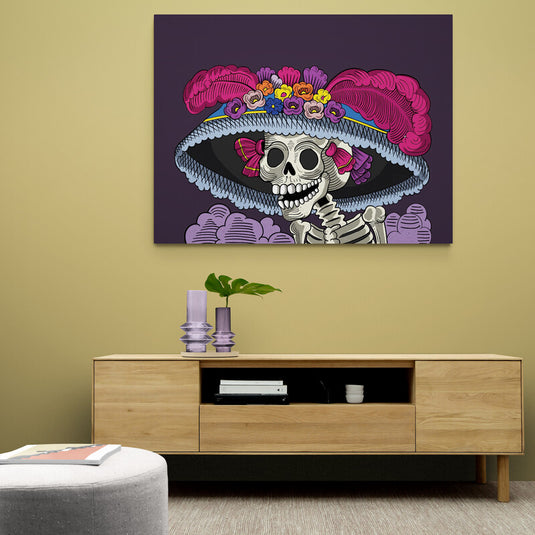 Ilustración de La Catrina con sombrero adornado y fondo púrpura