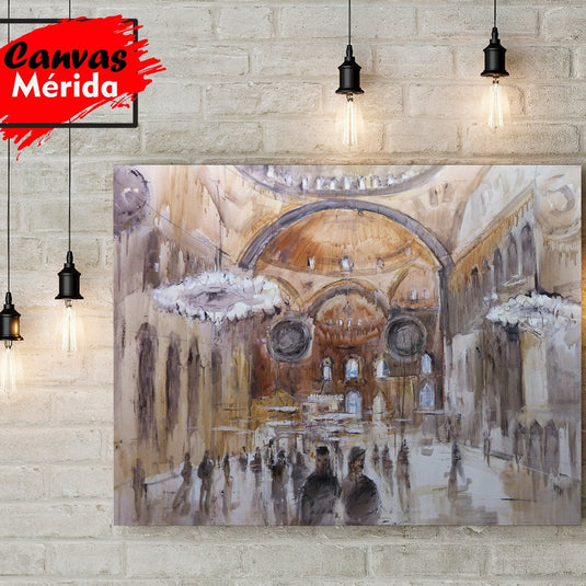 Cuadro artístico de interior monumental con cúpulas doradas, estilo impresionista de arquitectura clásica para decoración elegante.