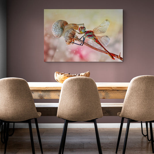 Cuadro de libélula posada junto a un caracol