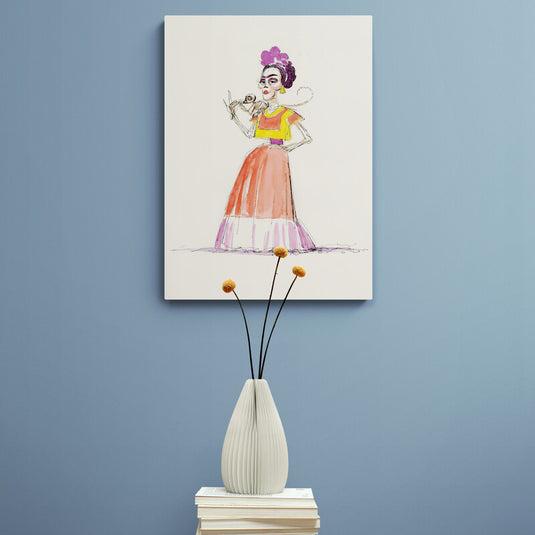 Retrato estilizado de mujer con vestido colorido