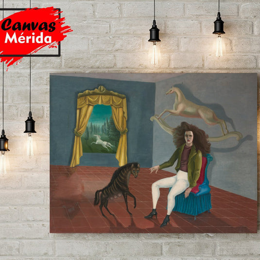 Cuadro surrealista “La posada del caballo del alba” de Leonora Carrington, arte simbólico y místico para decoración artística.