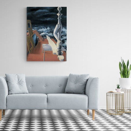 Pintura surrealista con figura humana y mar tormentoso