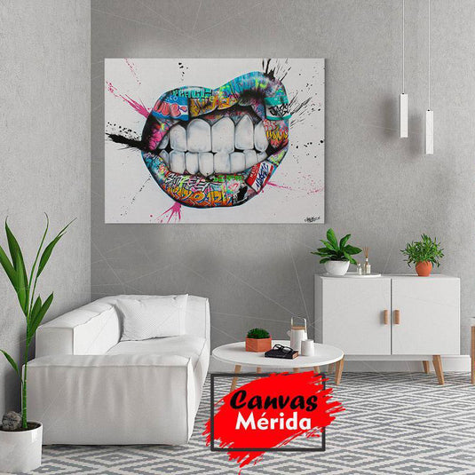 Dientes hiperrealistas rodeados de vibrantes graffiti urbanos y salpicaduras de tinta