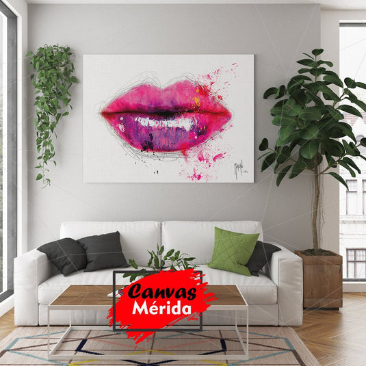Labios rosados y morados en fondo blanco con salpicaduras de color y líneas negras dinámicas