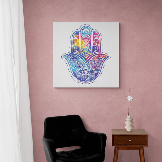 Mano de Hamsa multicolor con detalles ornamentales y ojo protector.