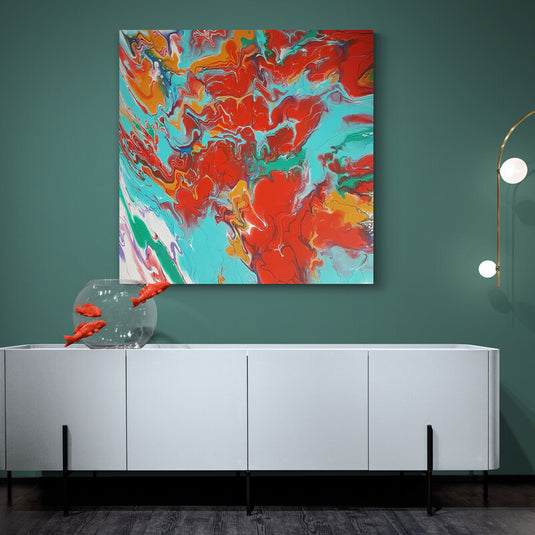 Cuadro abstracto moderno con técnica de pouring en colores vibrantes