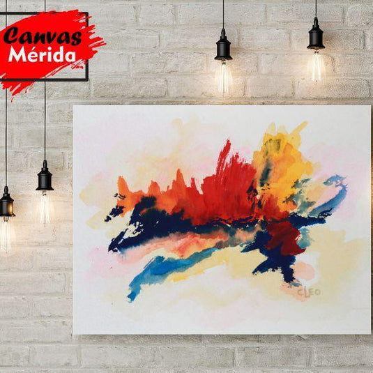 Cuadro abstracto expresivo con manchas en rojo, azul y naranja, arte emocional moderno para decoración artística y colorida.